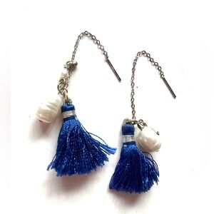 Free People independent designer boho Chic Blue Tassel Earrings with Pearls